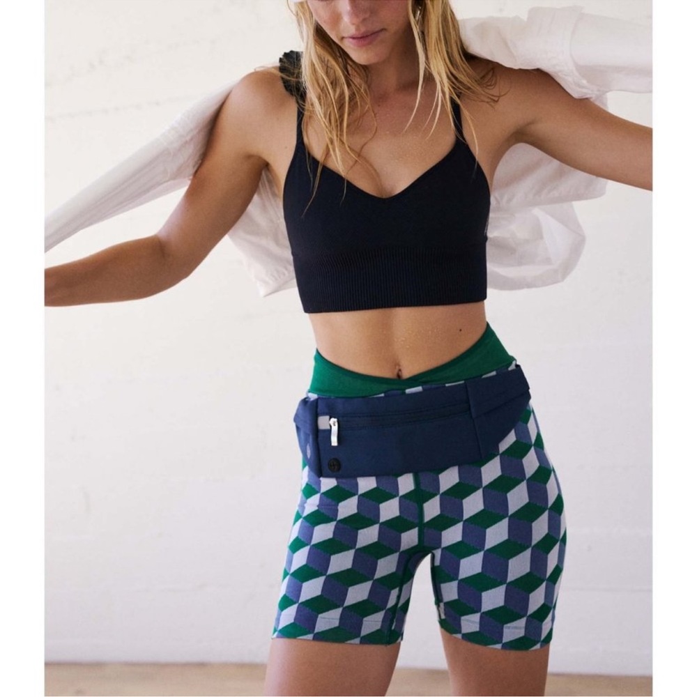 Free people free throw high-rise biker shorts with green & blue geometric design